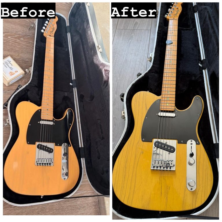 Professional guitar refinishing and restoration service showing before and after Telecaster restoration in Somerset